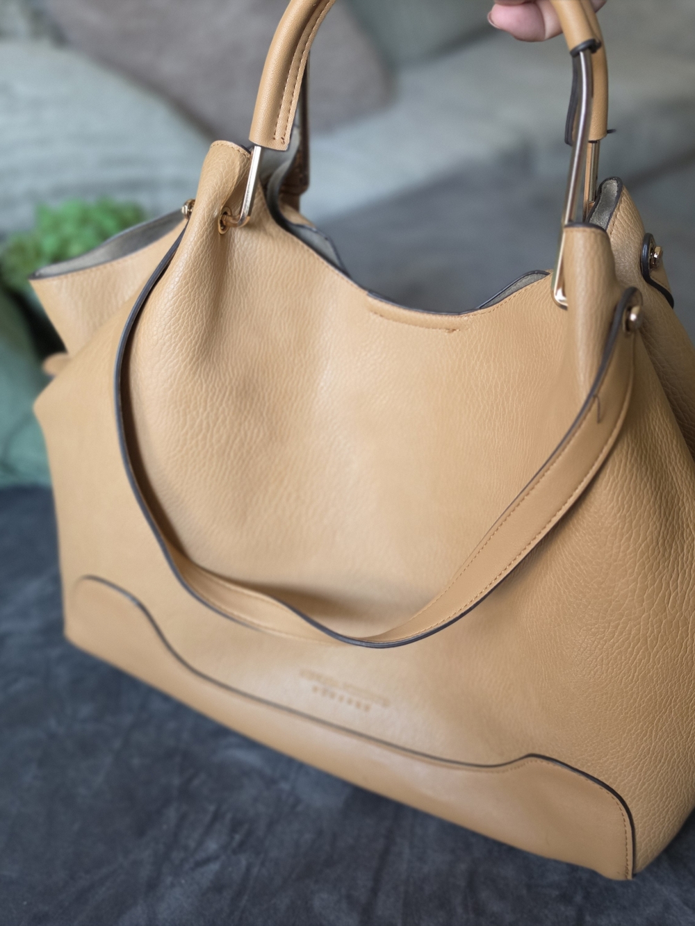 Sondra Roberts Camel Faux Tan Leather Tote with Top Handles